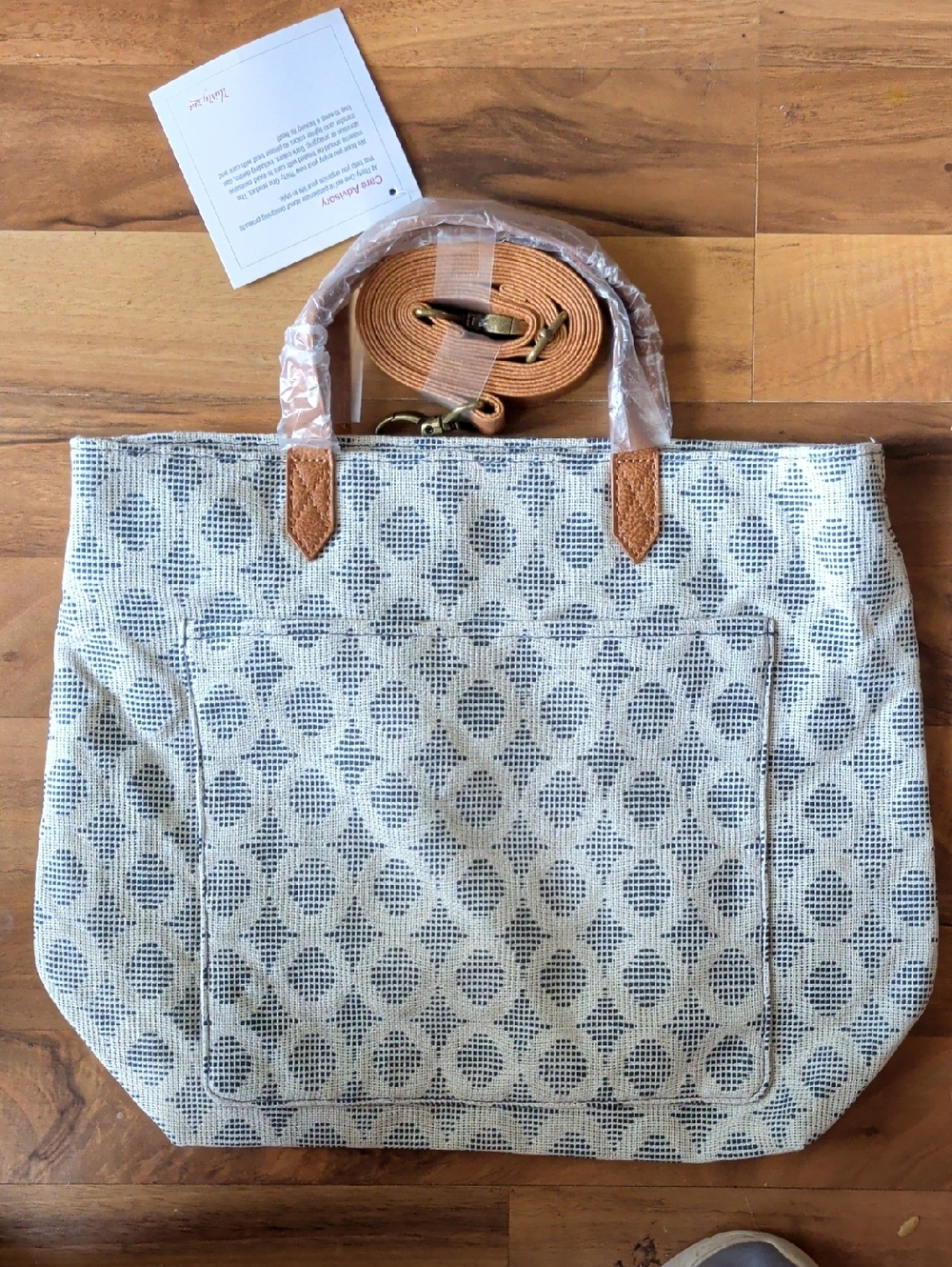 thirty-one Blue and Cream Geometric Canvas Tote with Tan Accents